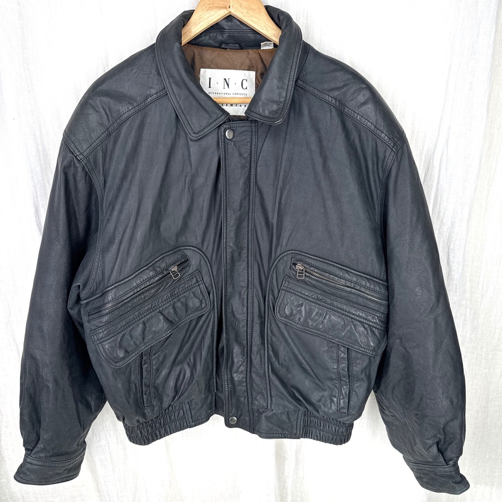 Vintage 80s 90s Leather Bomber Flight Jacket Mens XL Zip Pockets Grunge Indie